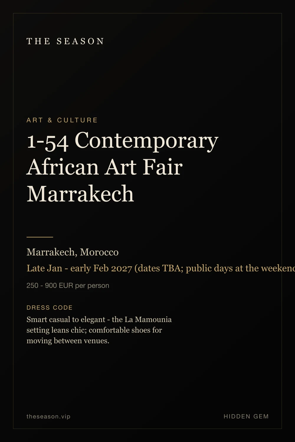 1-54 Contemporary African Art Fair Marrakech, Marrakech, Morocco, Late Jan - early Feb 2027 (dates TBA; public days at the weekend)