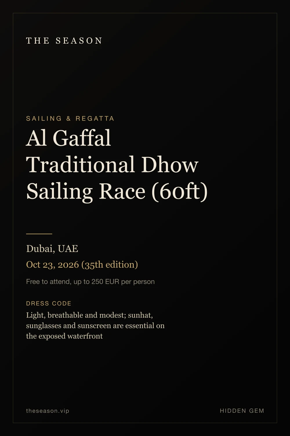 Al Gaffal Traditional Dhow Sailing Race (60ft), Dubai, UAE, Oct 23, 2026 (35th edition)