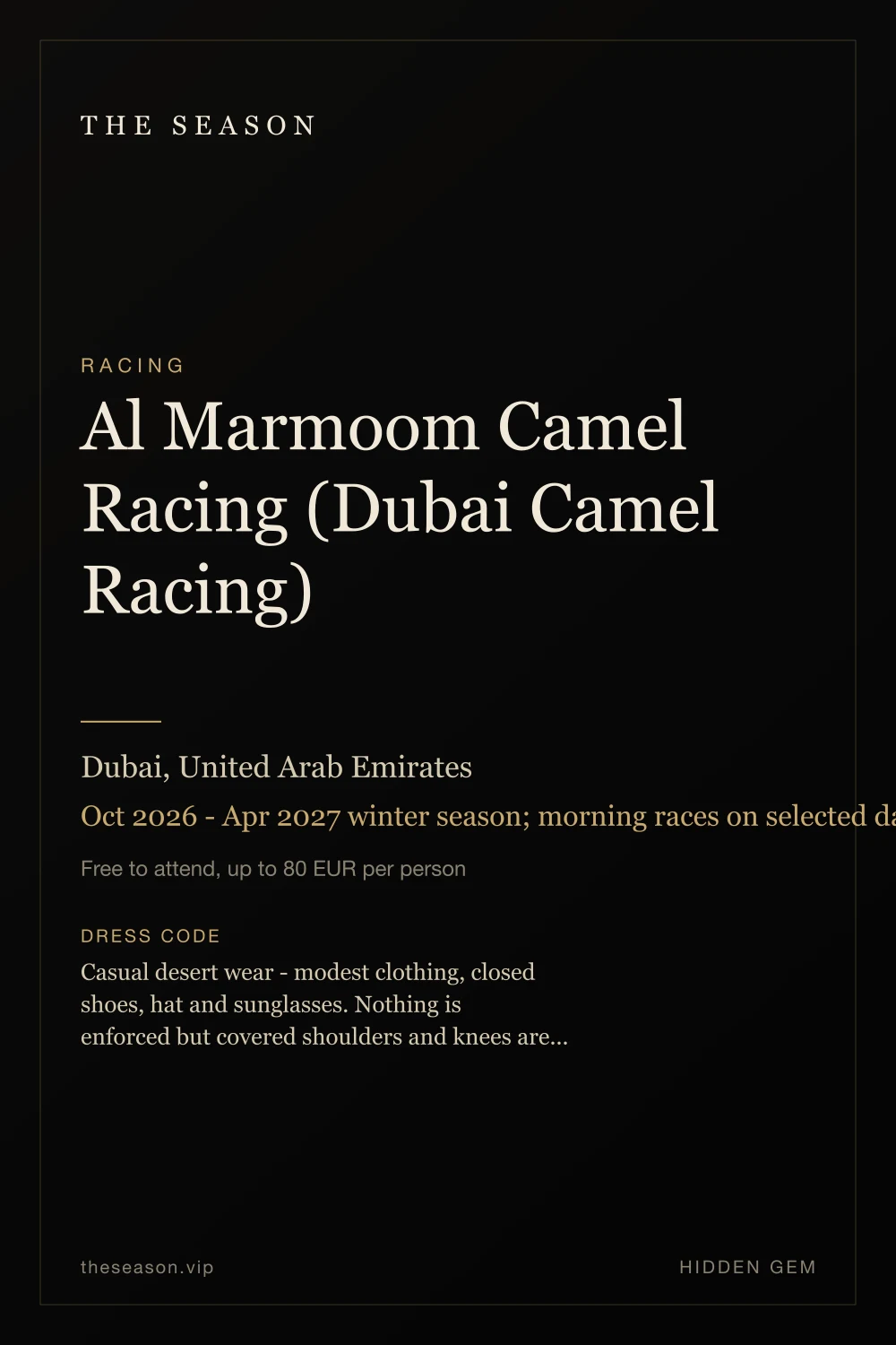 Al Marmoom Camel Racing (Dubai Camel Racing), Dubai, United Arab Emirates, Oct 2026 - Apr 2027 winter season; morning races on selected days, peaking around the Al Marmoom Heritage Festival