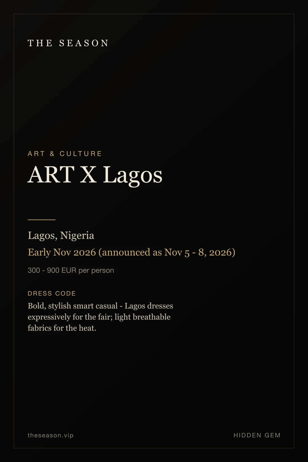 ART X Lagos, Lagos, Nigeria, Early Nov 2026 (announced as Nov 5 - 8, 2026)