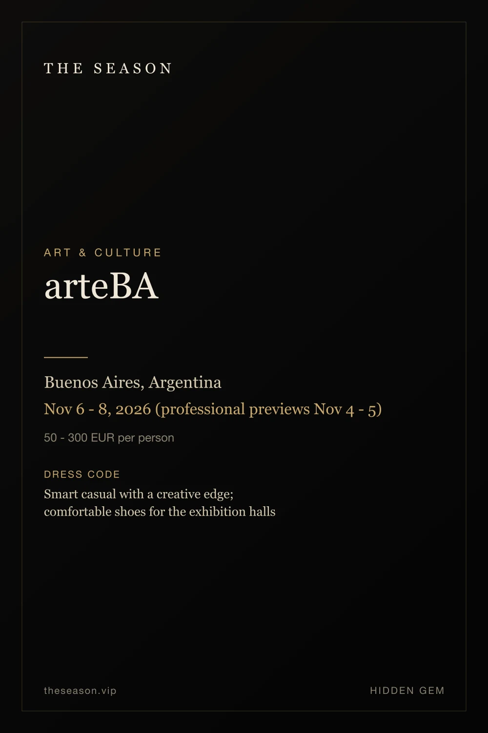 arteBA, Buenos Aires, Argentina, Nov 6 - 8, 2026 (professional previews Nov 4 - 5)