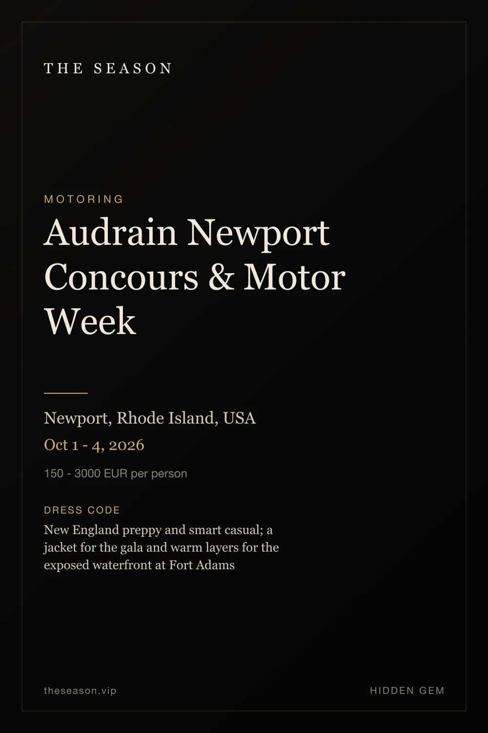 Audrain Newport Concours & Motor Week, Newport, Rhode Island, USA, Oct 1 - 4, 2026
