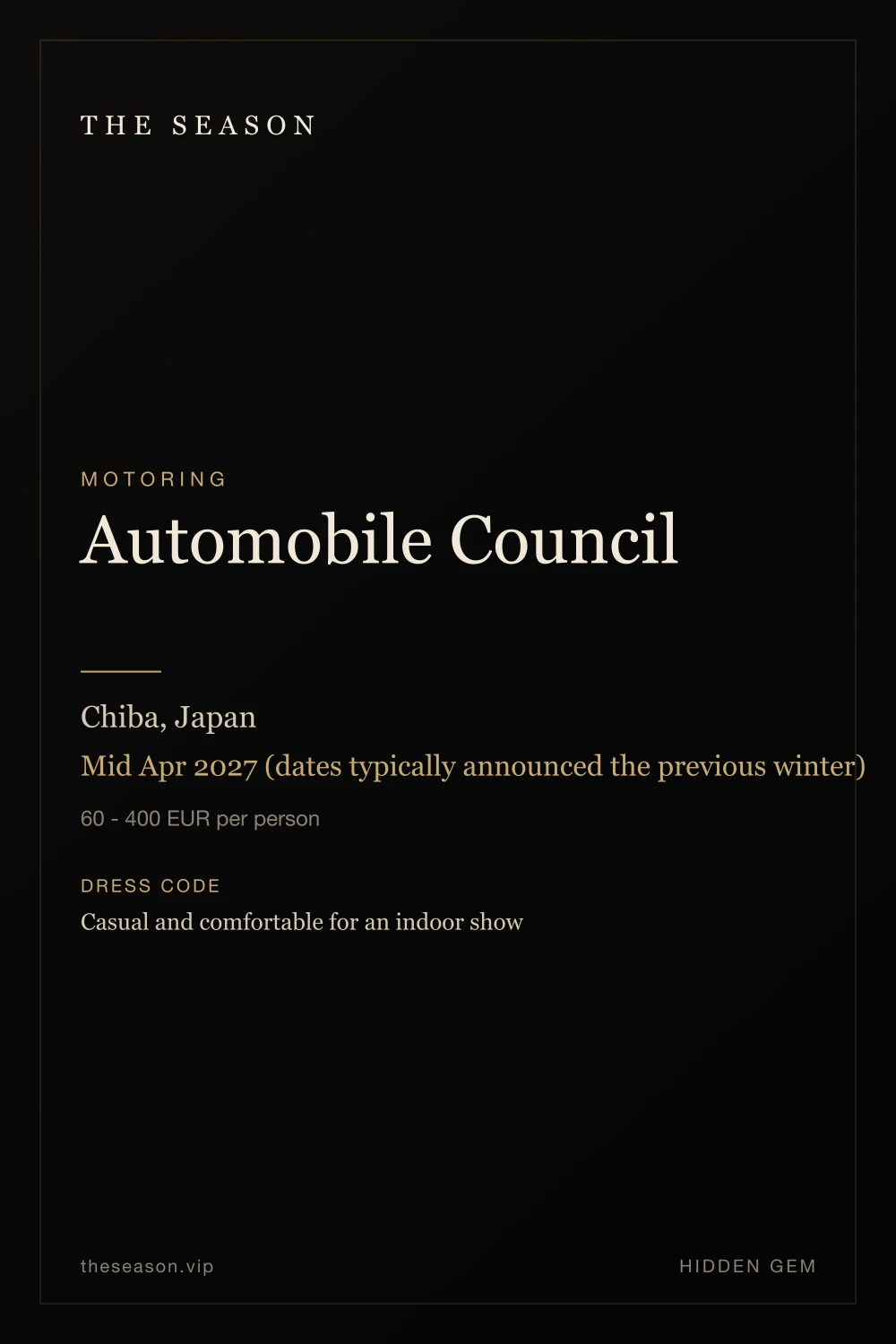 Automobile Council, Chiba, Japan, Mid Apr 2027 (dates typically announced the previous winter)