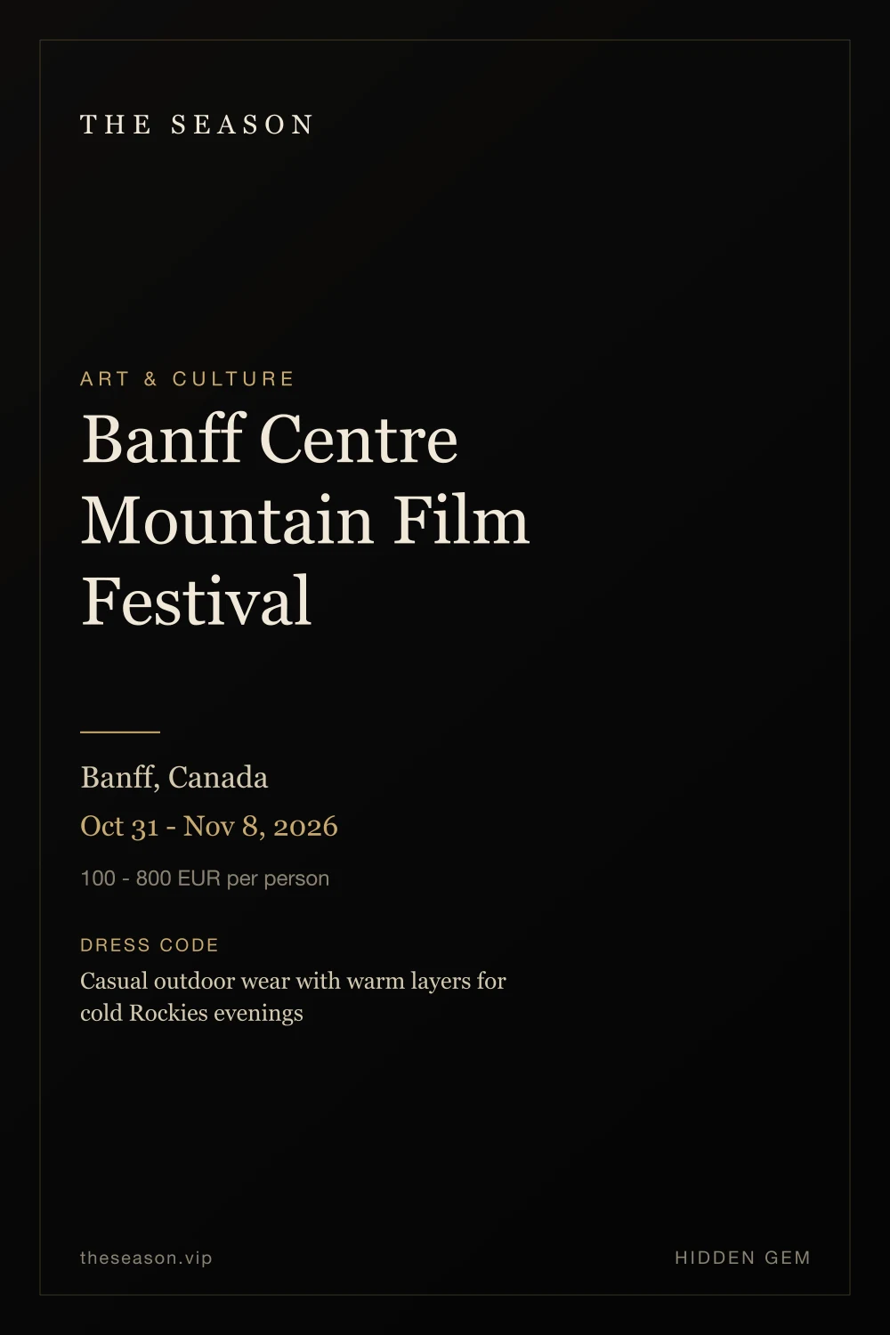 Banff Centre Mountain Film Festival, Banff, Canada, Oct 31 - Nov 8, 2026