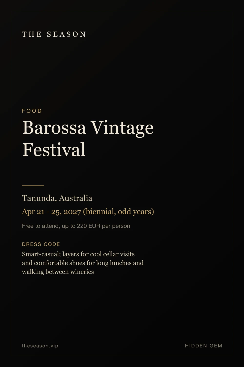 Barossa Vintage Festival, Tanunda, Australia, Apr 21 - 25, 2027 (biennial, odd years)