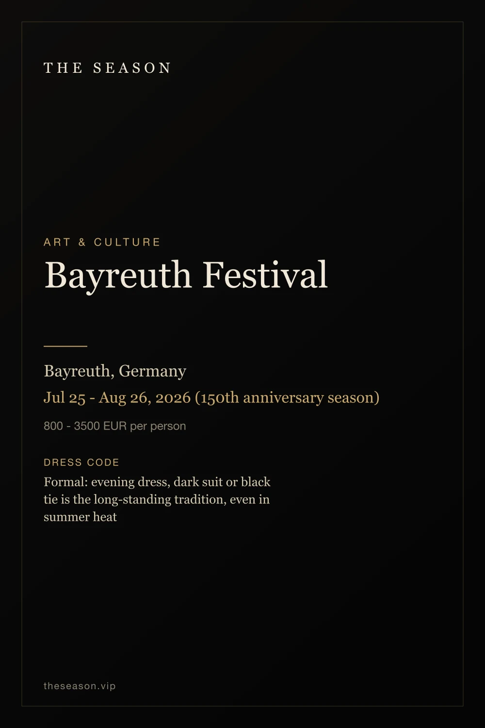 Bayreuth Festival, Bayreuth, Germany, Jul 25 - Aug 26, 2026 (150th anniversary season)