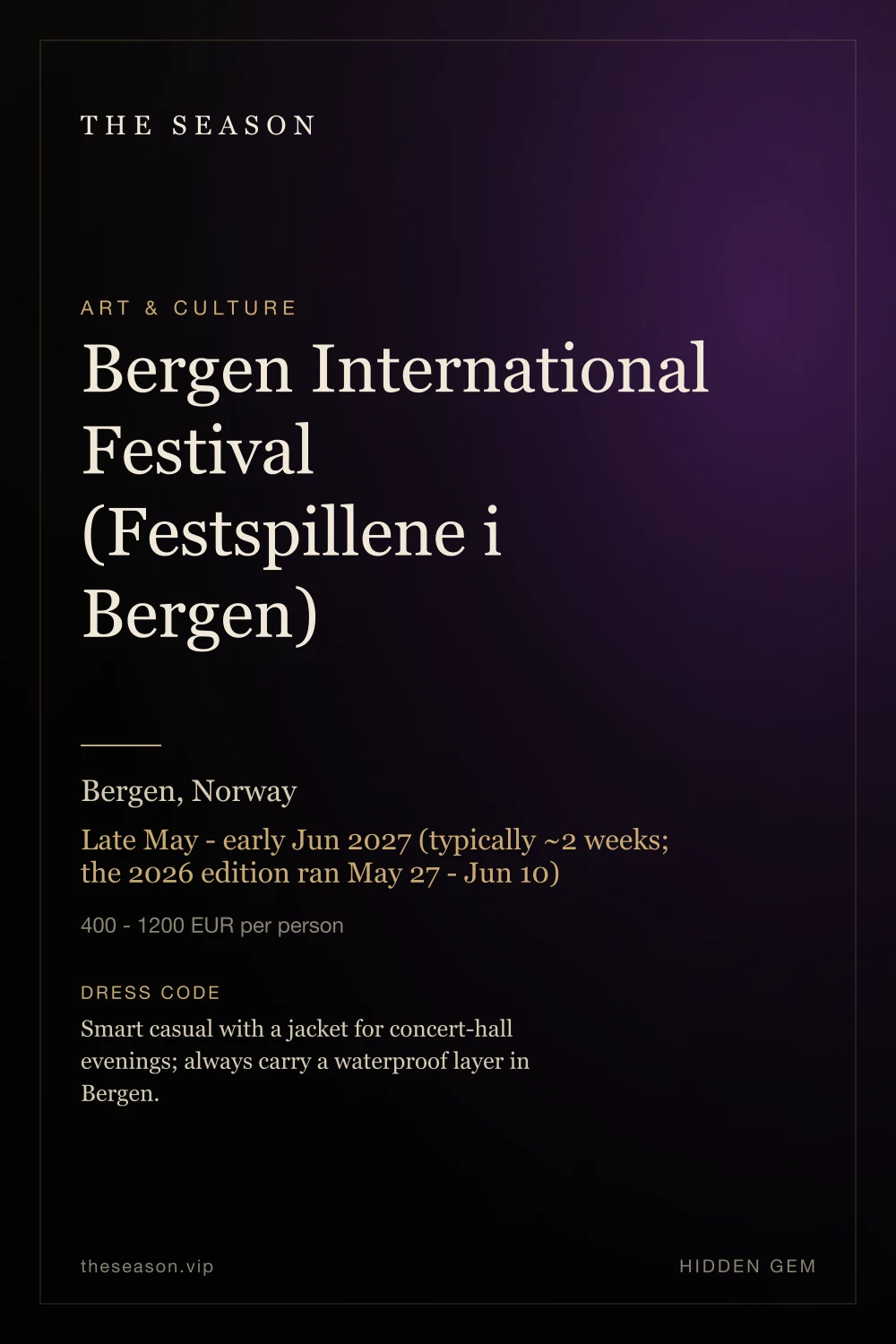 Bergen International Festival (Festspillene i Bergen), Bergen, Norway, Late May - early Jun 2027 (typically ~2 weeks; the 2026 edition ran May 27 - Jun 10)