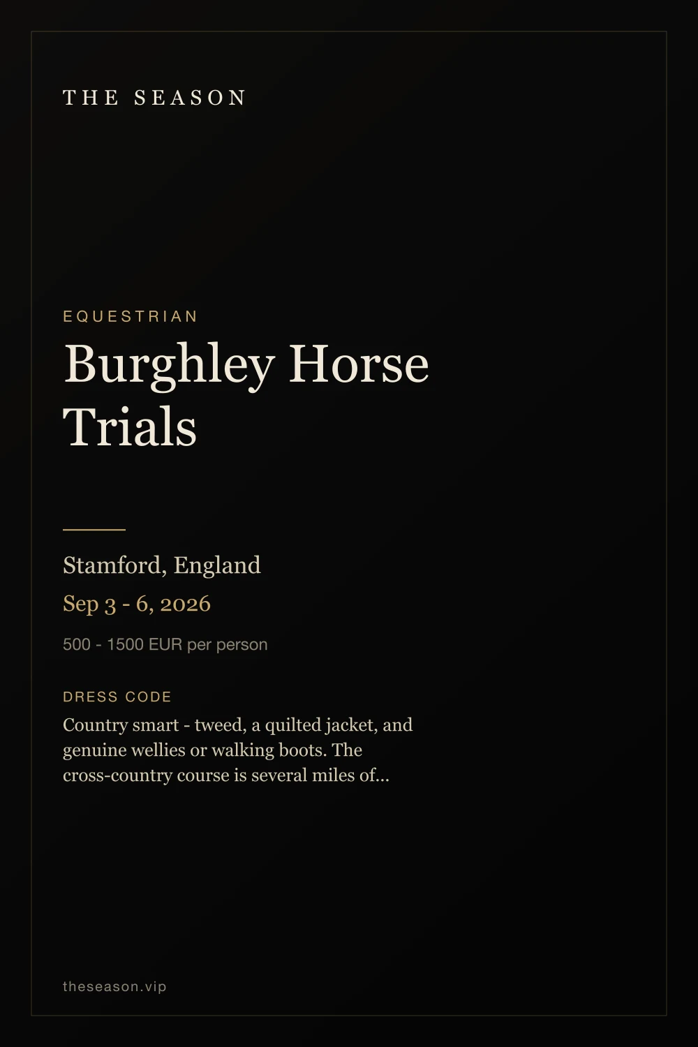 Burghley Horse Trials, Stamford, England, Sep 3 - 6, 2026