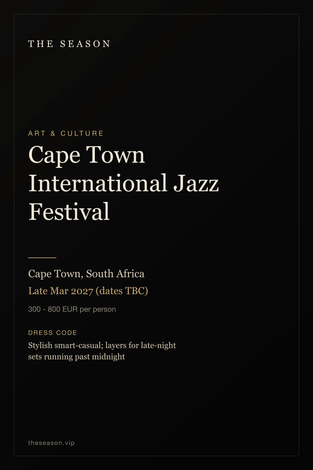 Cape Town International Jazz Festival, Cape Town, South Africa, Late Mar 2027 (dates TBC)