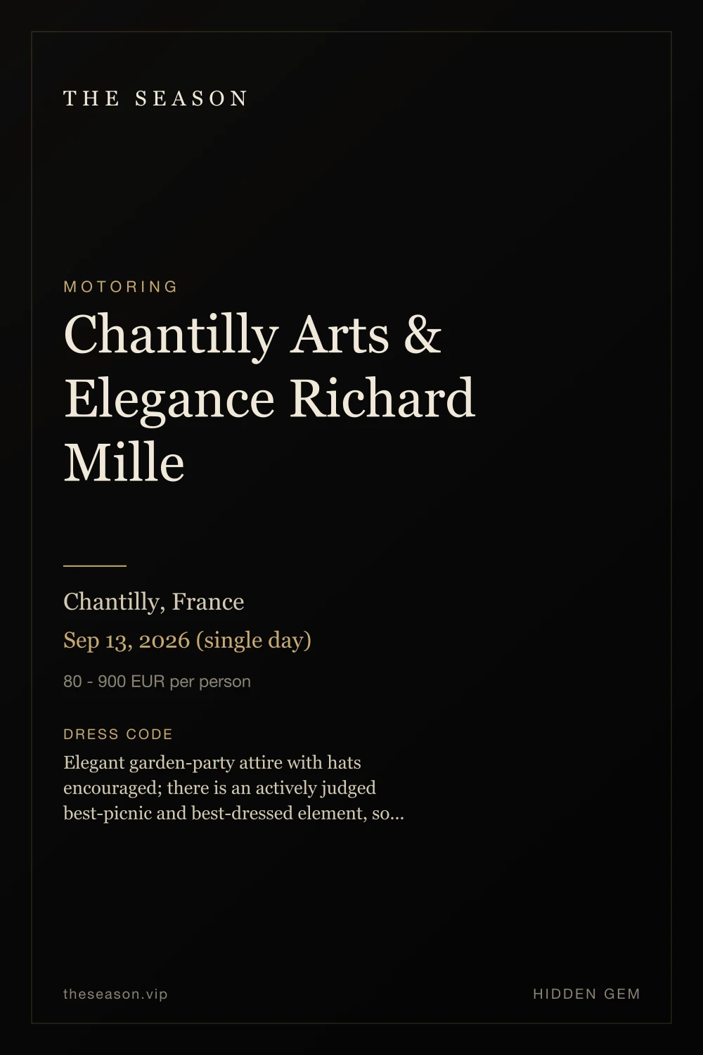 Chantilly Arts & Elegance Richard Mille, Chantilly, France, Sep 13, 2026 (single day)