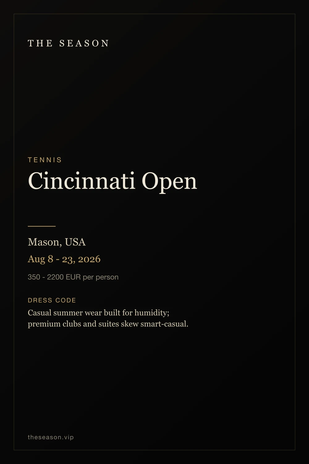 Cincinnati Open, Mason, USA, Aug 8 - 23, 2026