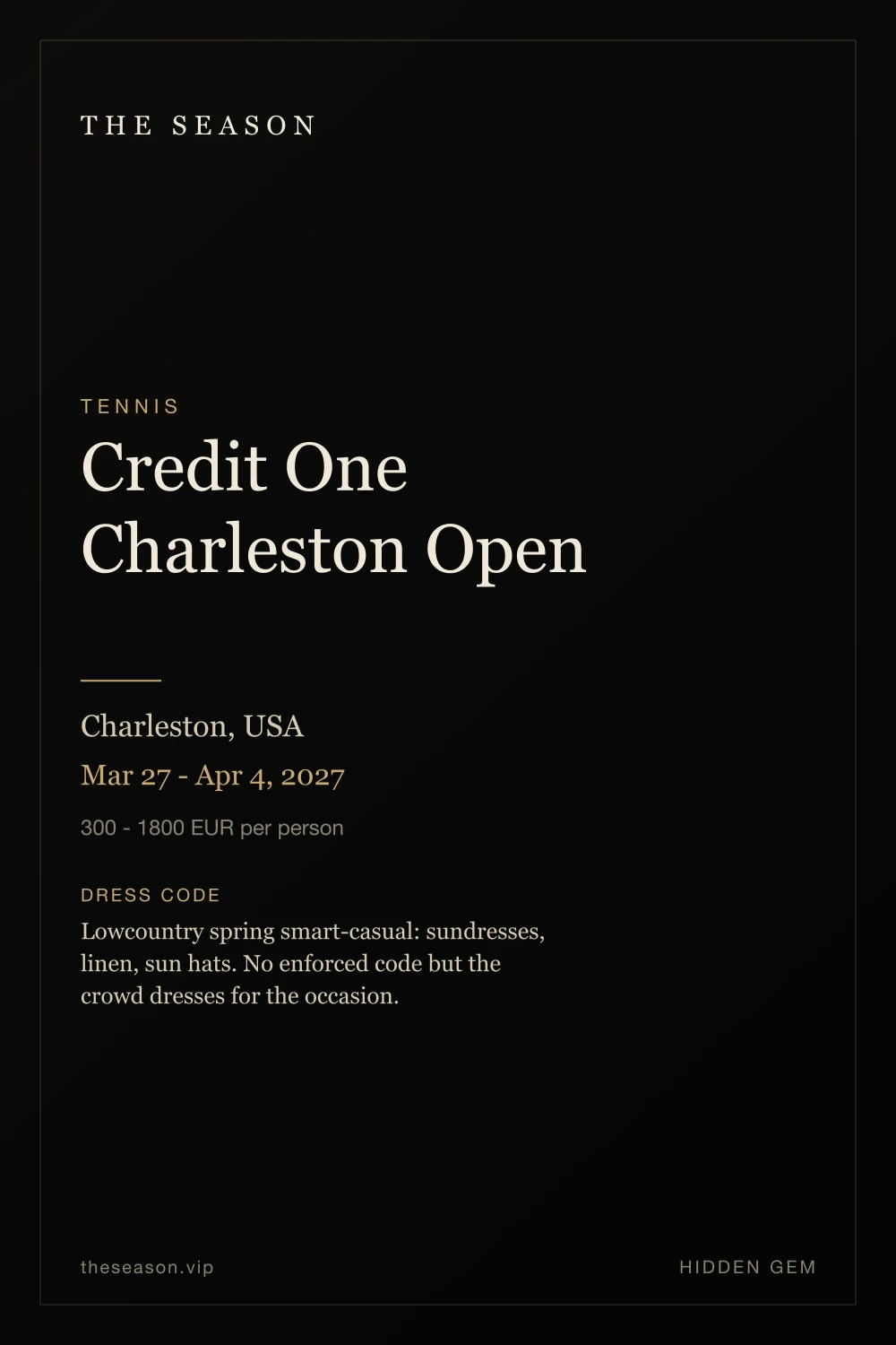 Credit One Charleston Open, Charleston, USA, Mar 27 - Apr 4, 2027