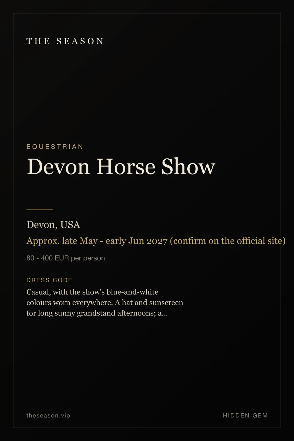 Devon Horse Show, Devon, USA, Approx. late May - early Jun 2027 (confirm on the official site)