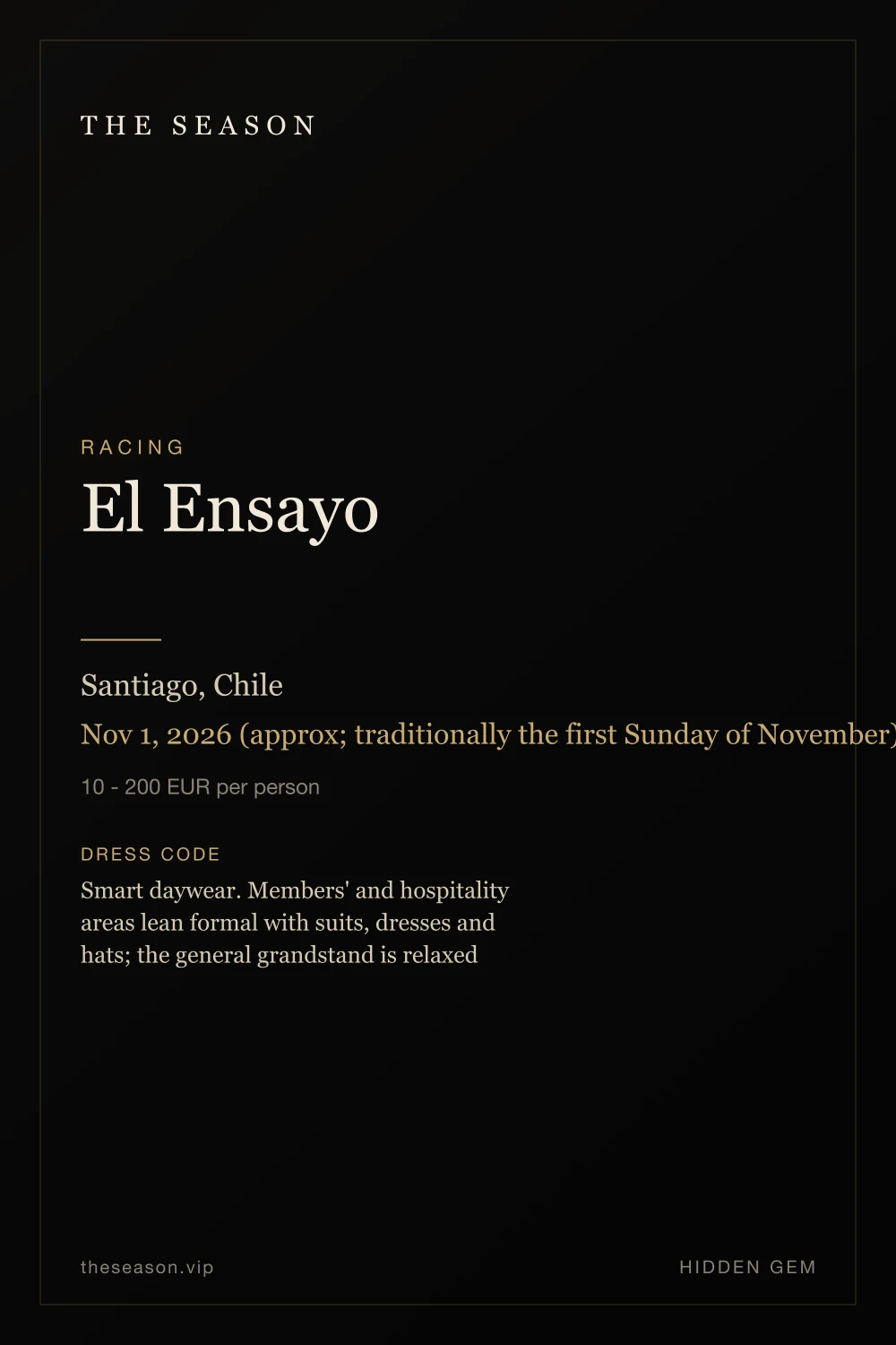 El Ensayo, Santiago, Chile, Nov 1, 2026 (approx; traditionally the first Sunday of November)