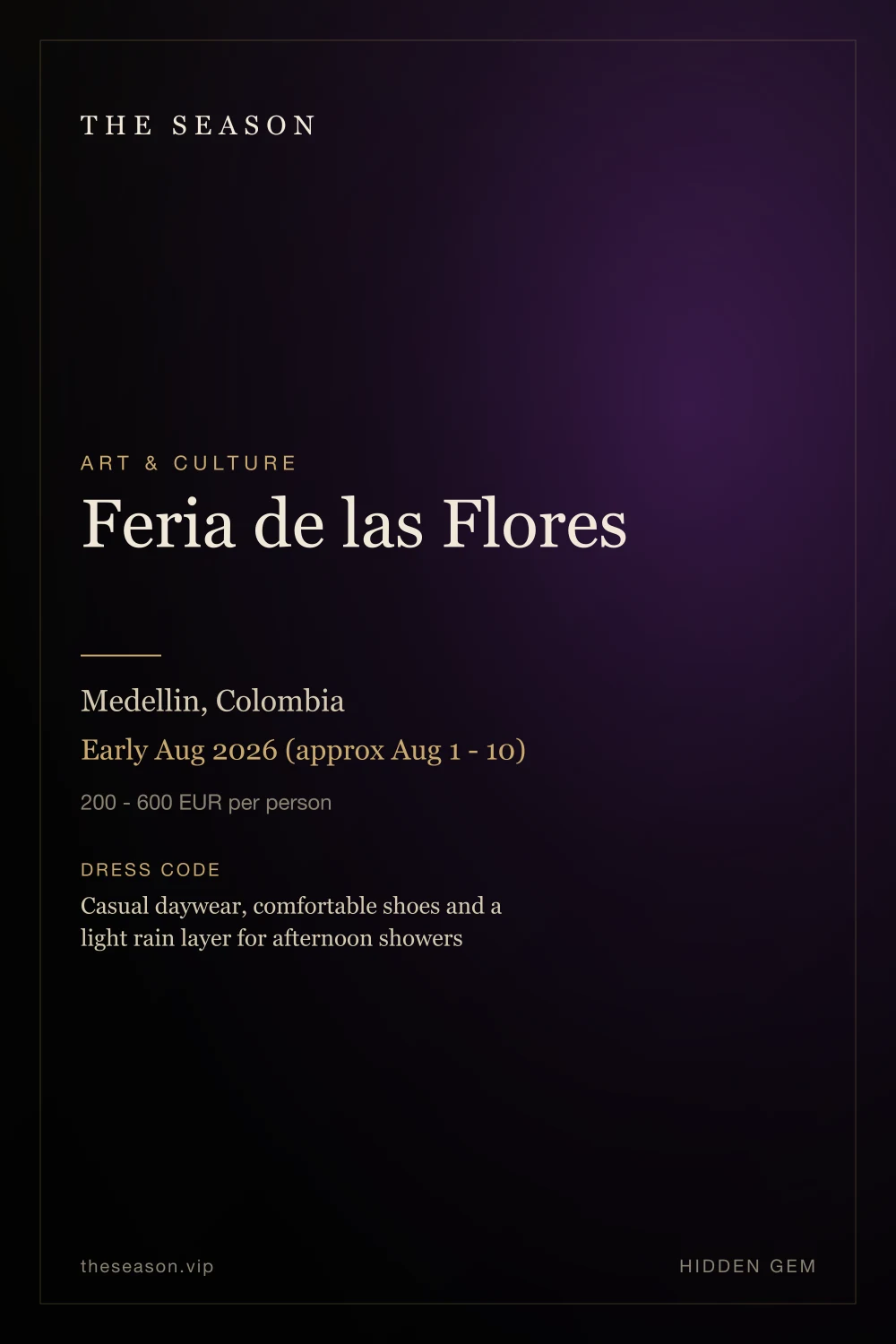 Feria de las Flores, Medellin, Colombia, Early Aug 2026 (approx Aug 1 - 10)