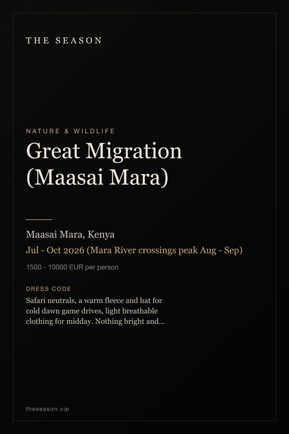 Great Migration (Maasai Mara), Maasai Mara, Kenya, Jul - Oct 2026 (Mara River crossings peak Aug - Sep)