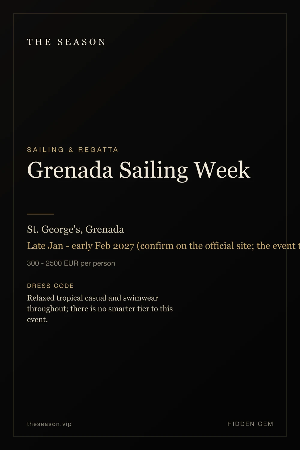 Grenada Sailing Week, St. George's, Grenada, Late Jan - early Feb 2027 (confirm on the official site; the event traditionally runs at the end of January)