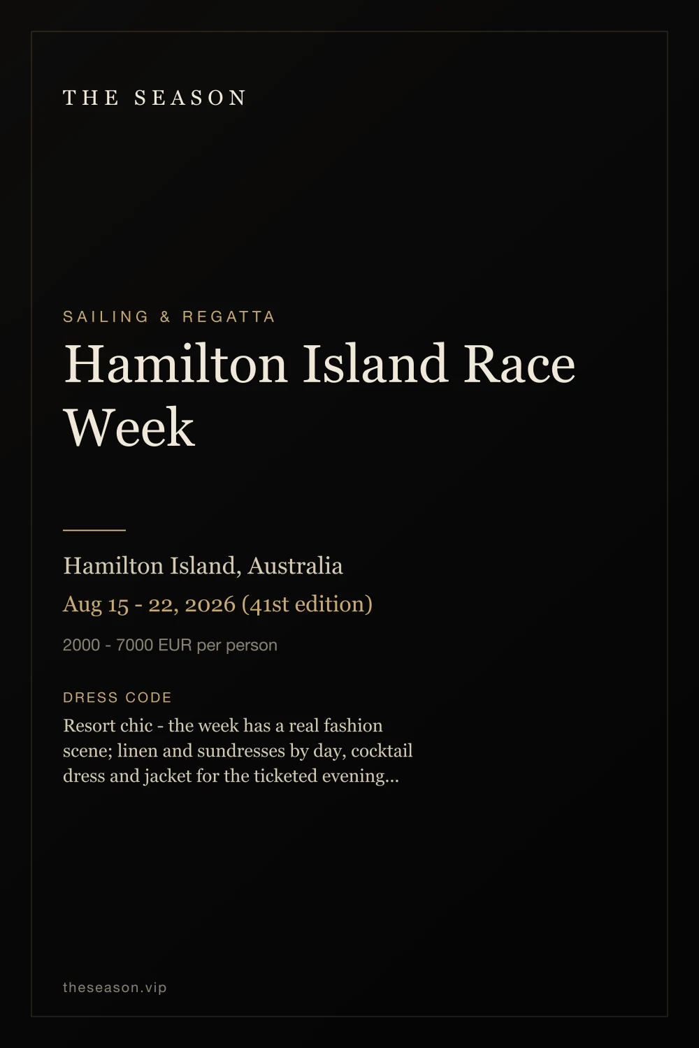 Hamilton Island Race Week, Hamilton Island, Australia, Aug 15 - 22, 2026 (41st edition)