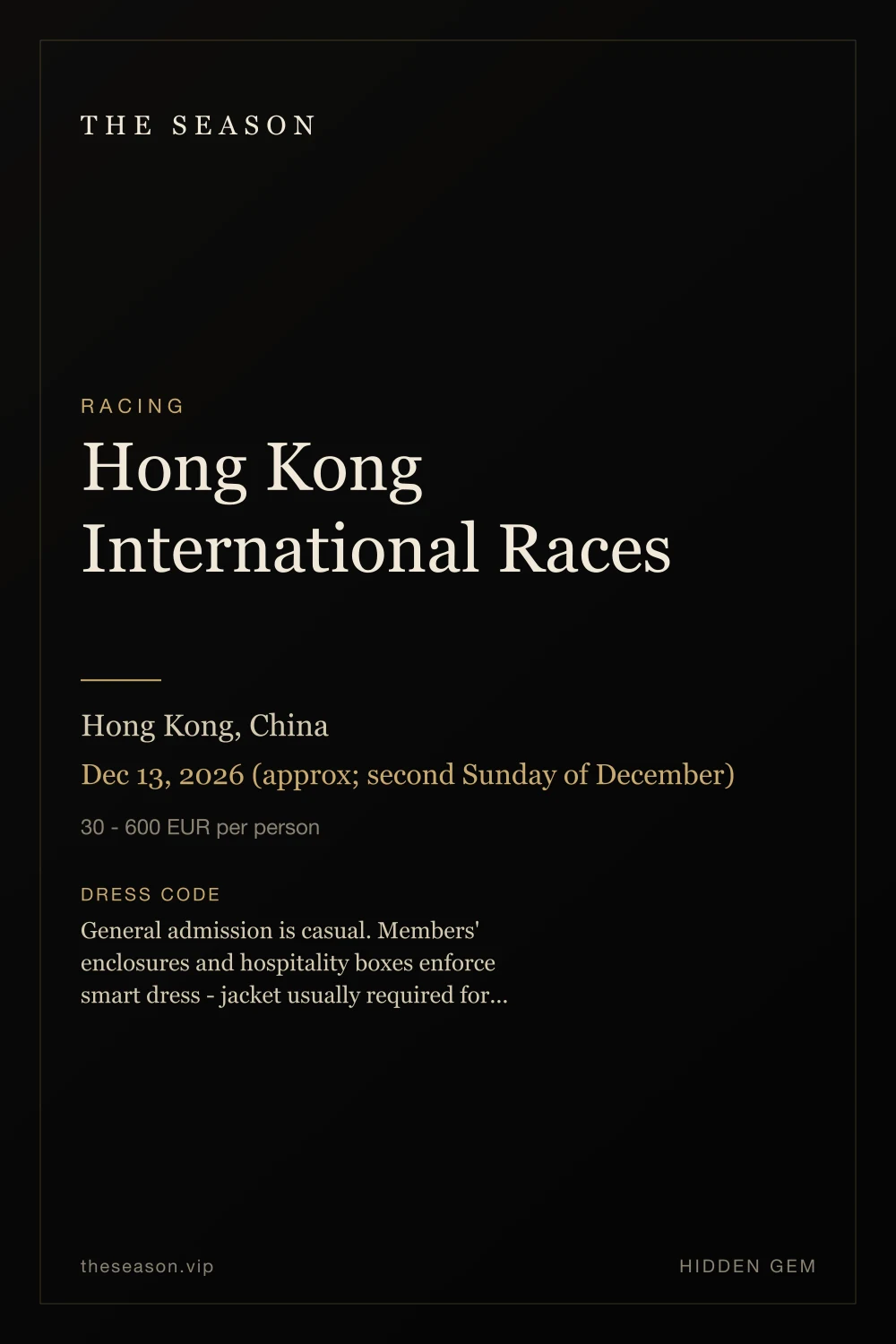 Hong Kong International Races, Hong Kong, China, Dec 13, 2026 (approx; second Sunday of December)