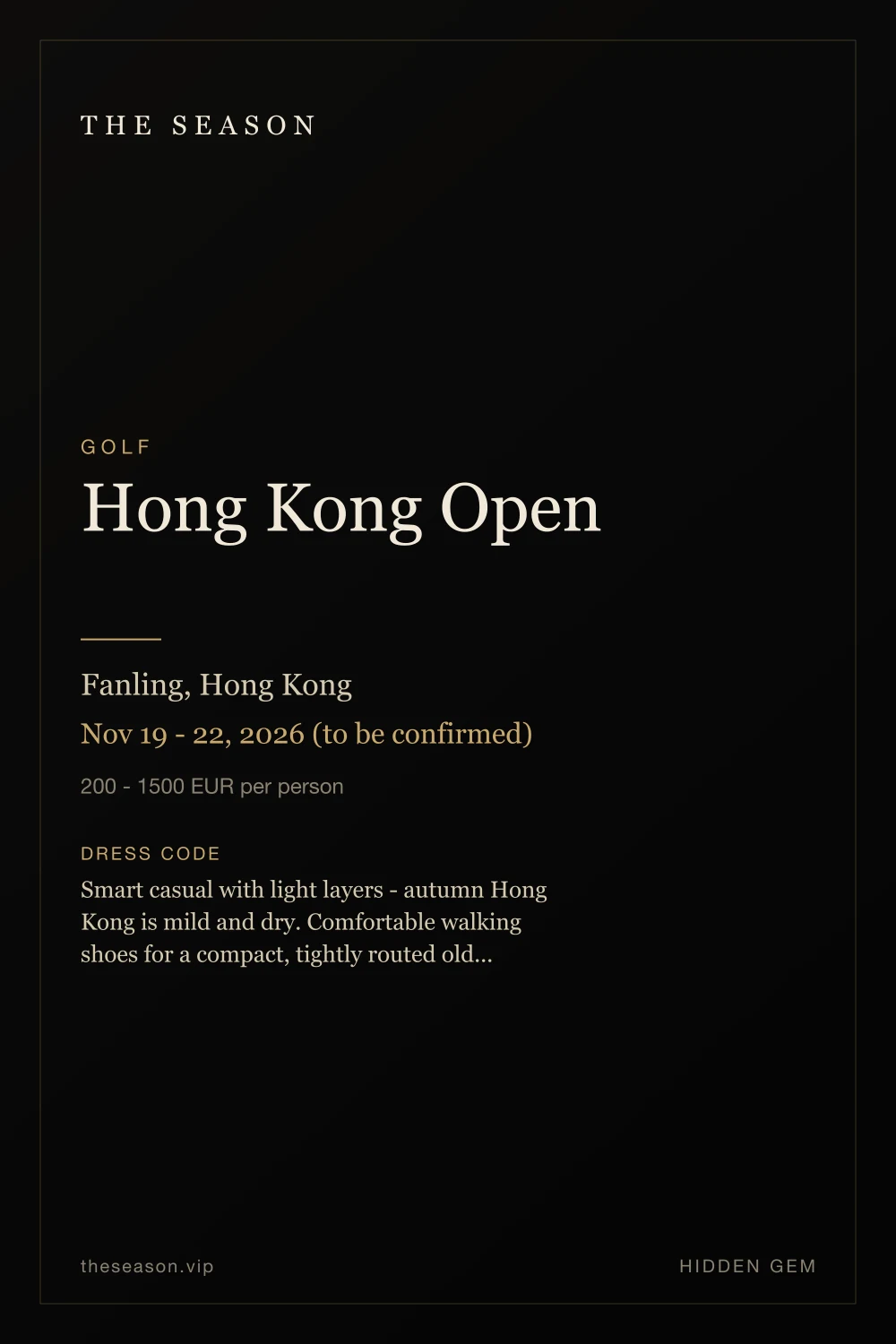 Hong Kong Open, Fanling, Hong Kong, Nov 19 - 22, 2026 (to be confirmed)