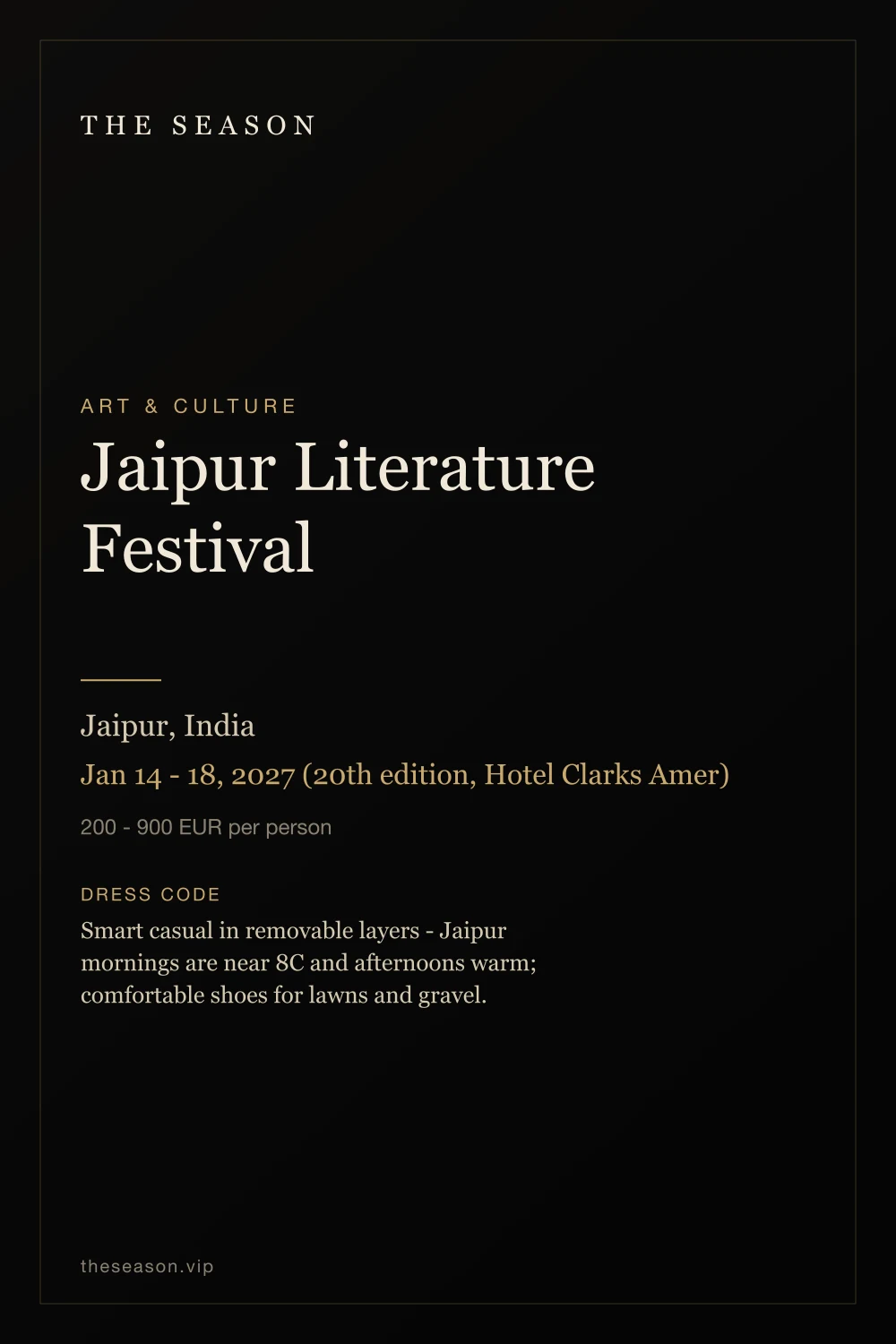 Jaipur Literature Festival, Jaipur, India, Jan 14 - 18, 2027 (20th edition, Hotel Clarks Amer)