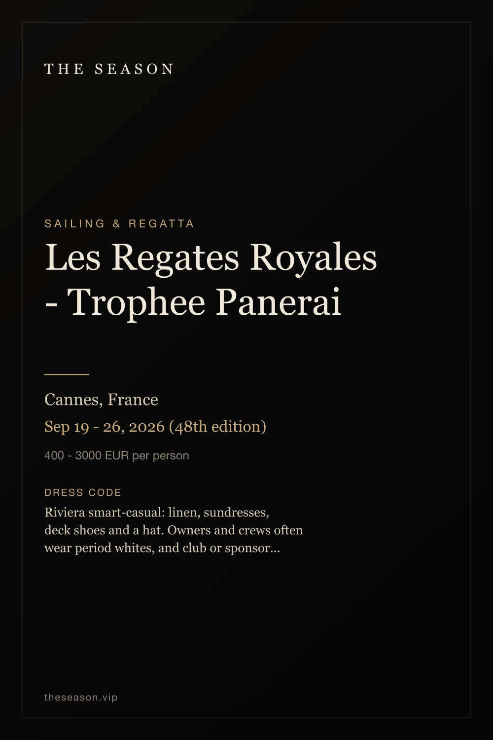 Les Regates Royales - Trophee Panerai, Cannes, France, Sep 19 - 26, 2026 (48th edition)