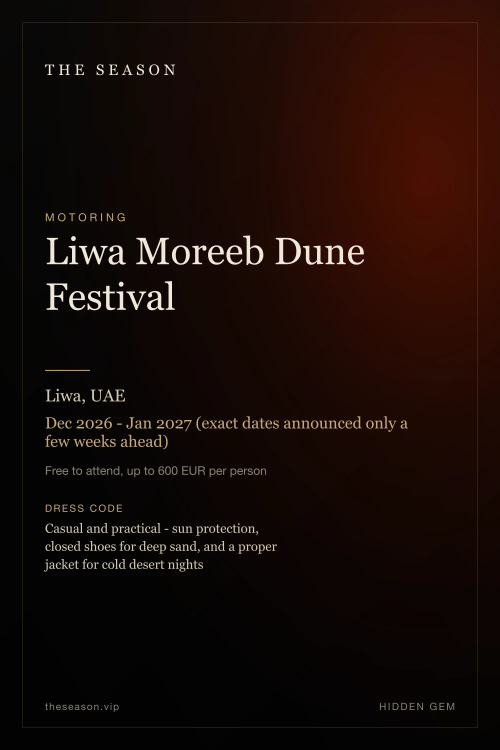 Liwa Moreeb Dune Festival, Liwa, UAE, Dec 2026 - Jan 2027 (exact dates announced only a few weeks ahead)