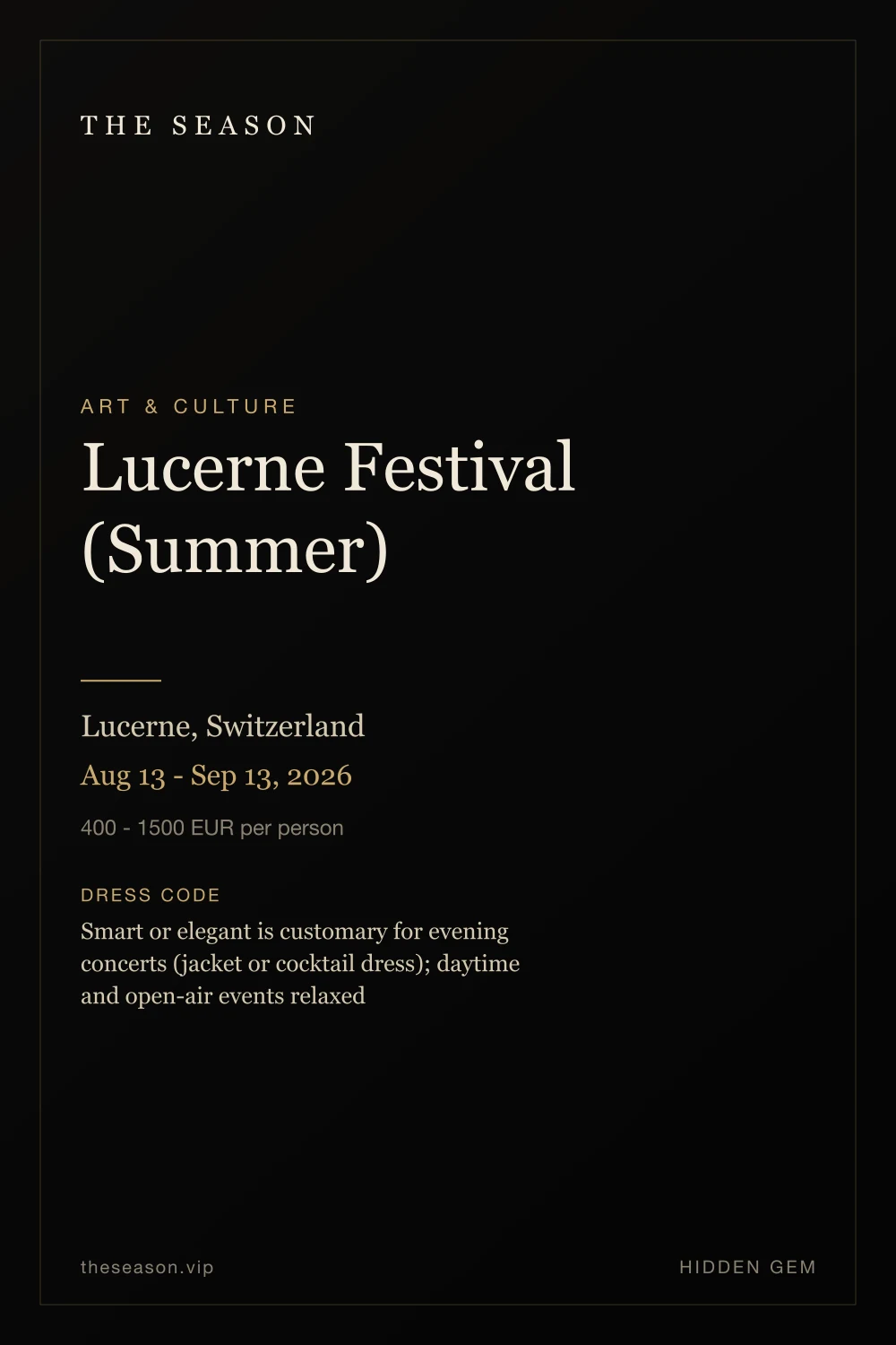 Lucerne Festival (Summer), Lucerne, Switzerland, Aug 13 - Sep 13, 2026