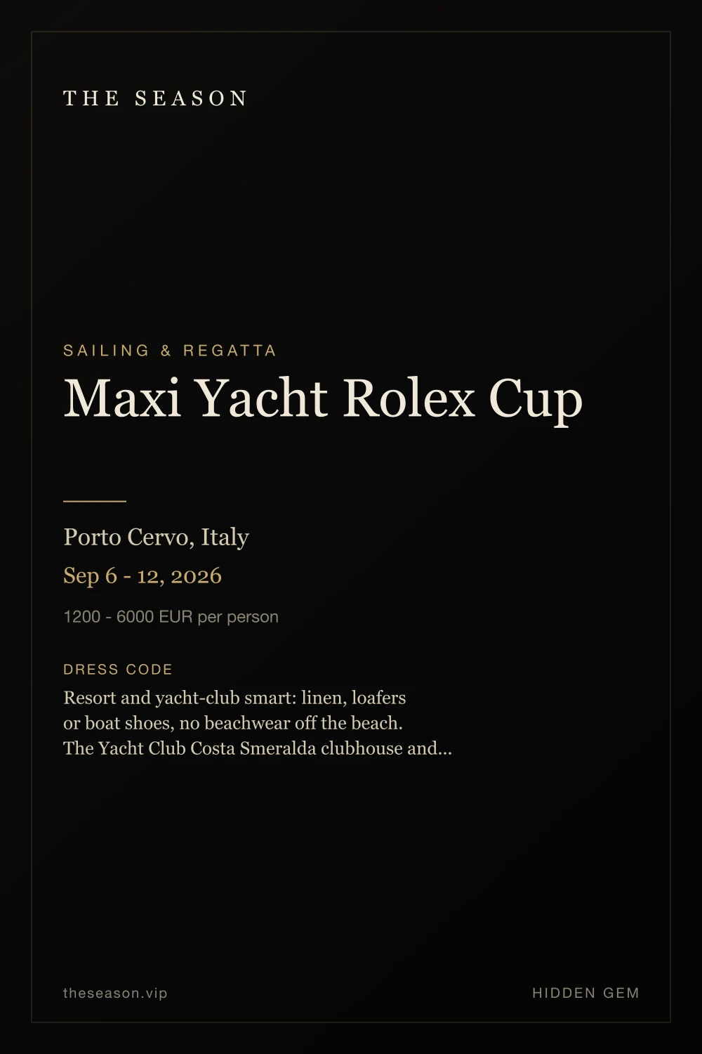 Maxi Yacht Rolex Cup, Porto Cervo, Italy, Sep 6 - 12, 2026