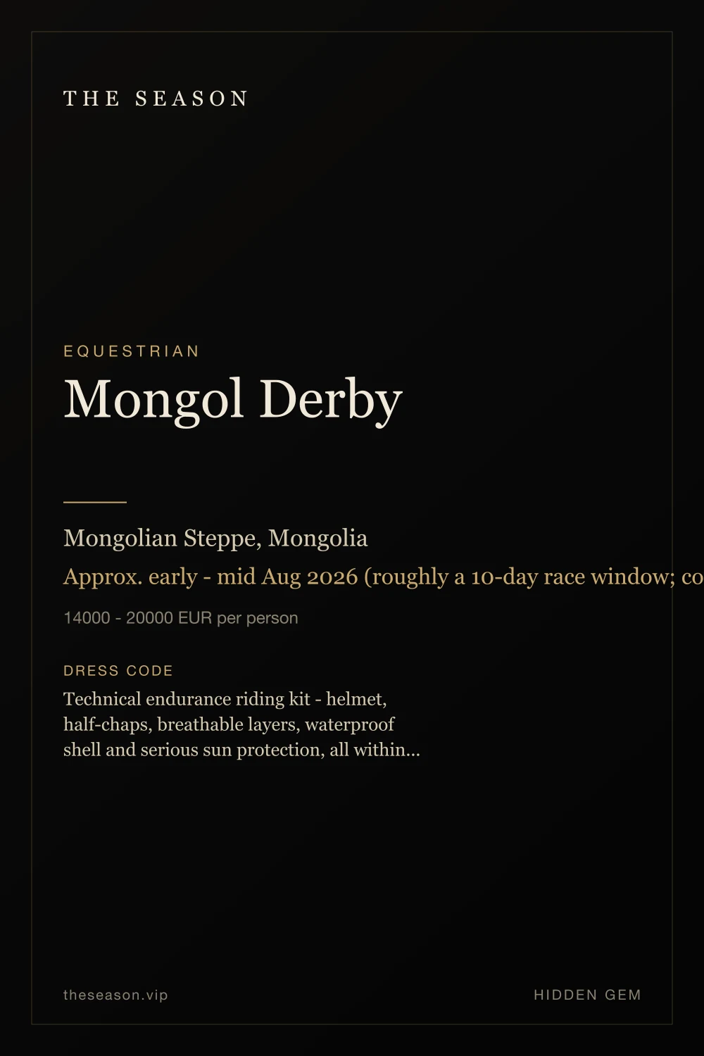 Mongol Derby, Mongolian Steppe, Mongolia, Approx. early - mid Aug 2026 (roughly a 10-day race window; confirm with the organisers)