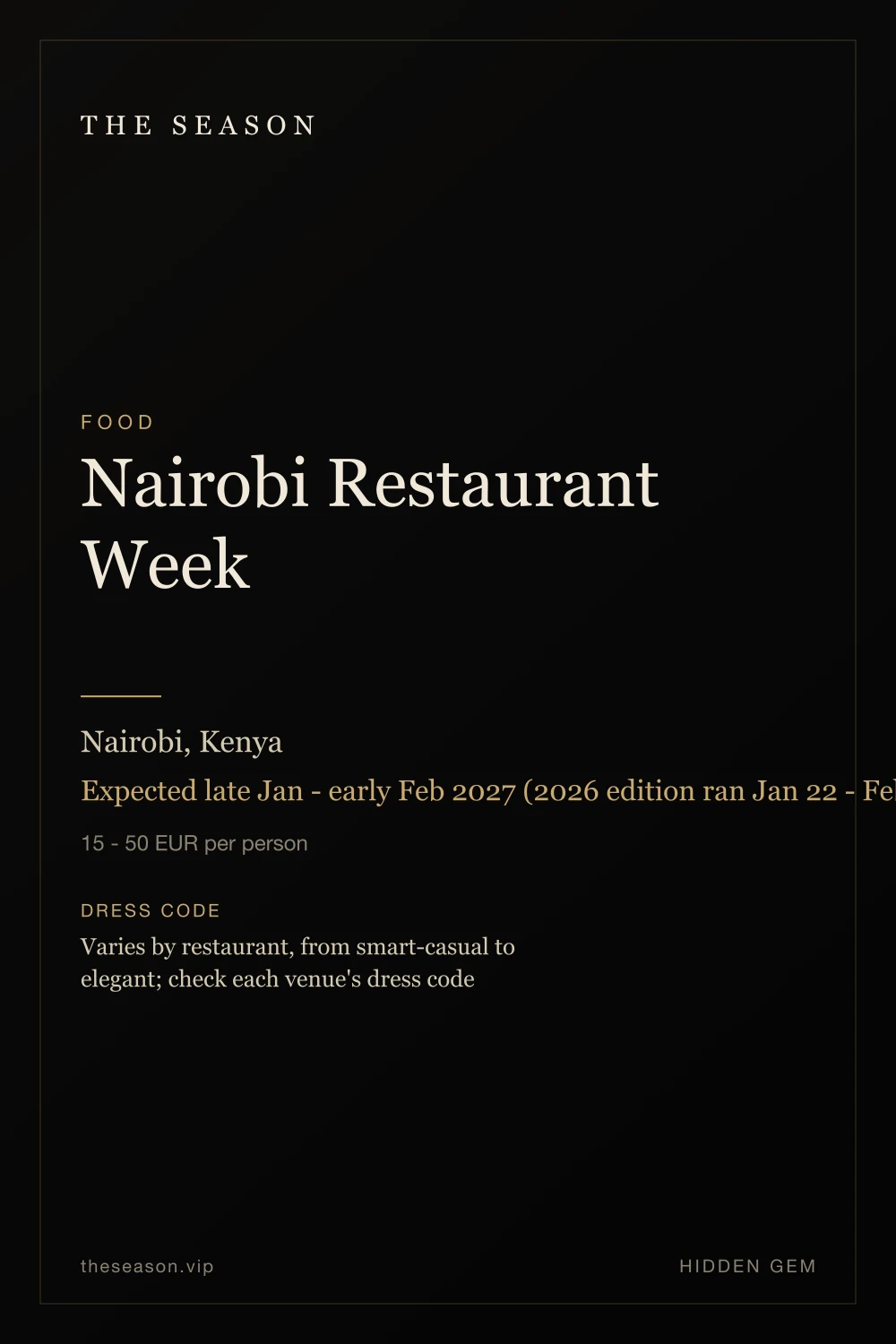 Nairobi Restaurant Week, Nairobi, Kenya, Expected late Jan - early Feb 2027 (2026 edition ran Jan 22 - Feb 1)