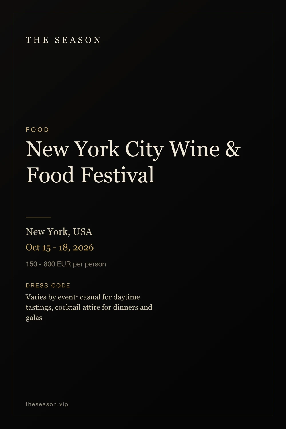 New York City Wine & Food Festival, New York, USA, Oct 15 - 18, 2026