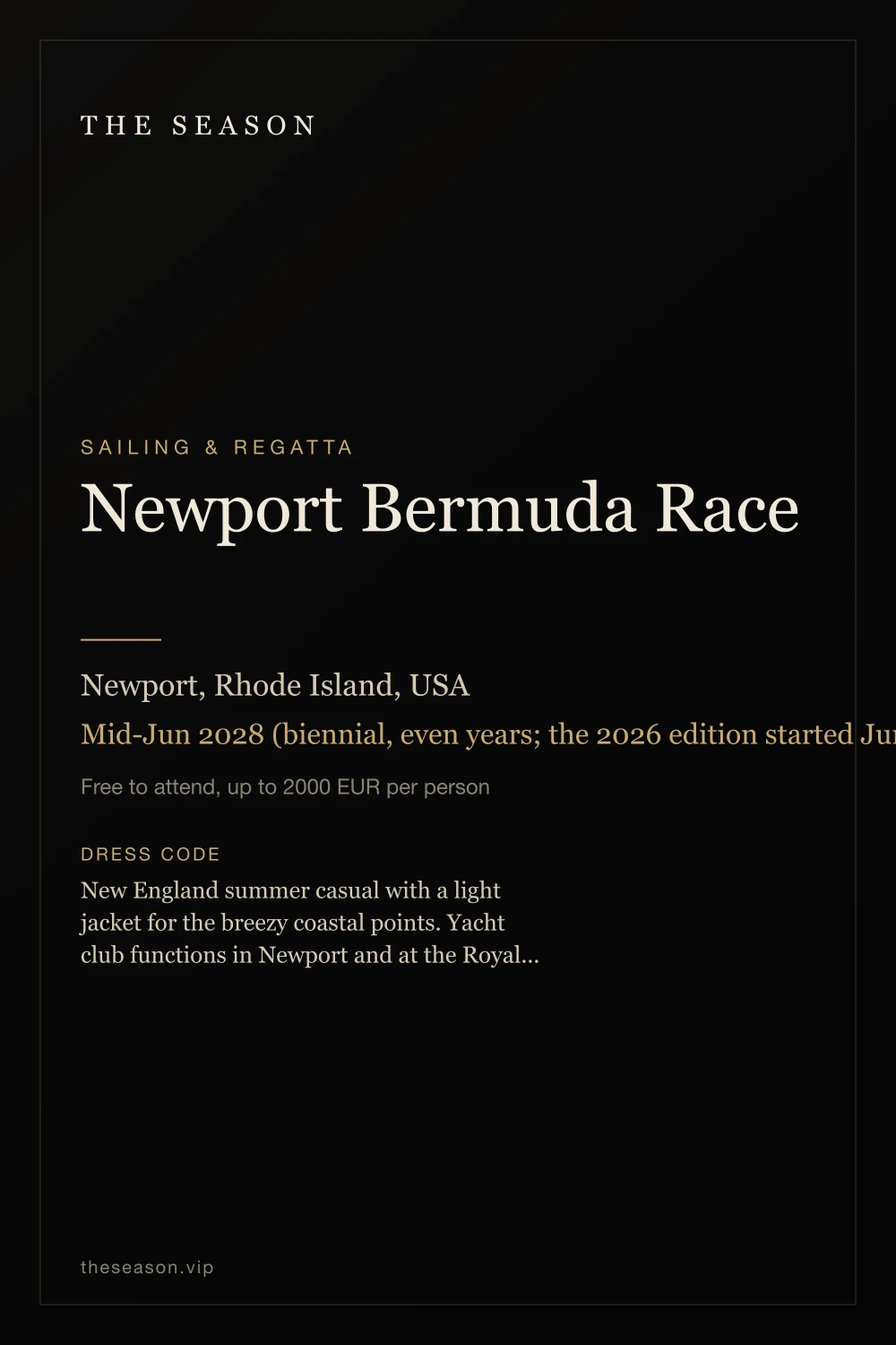 Newport Bermuda Race, Newport, Rhode Island, USA, Mid-Jun 2028 (biennial, even years; the 2026 edition started Jun 19)