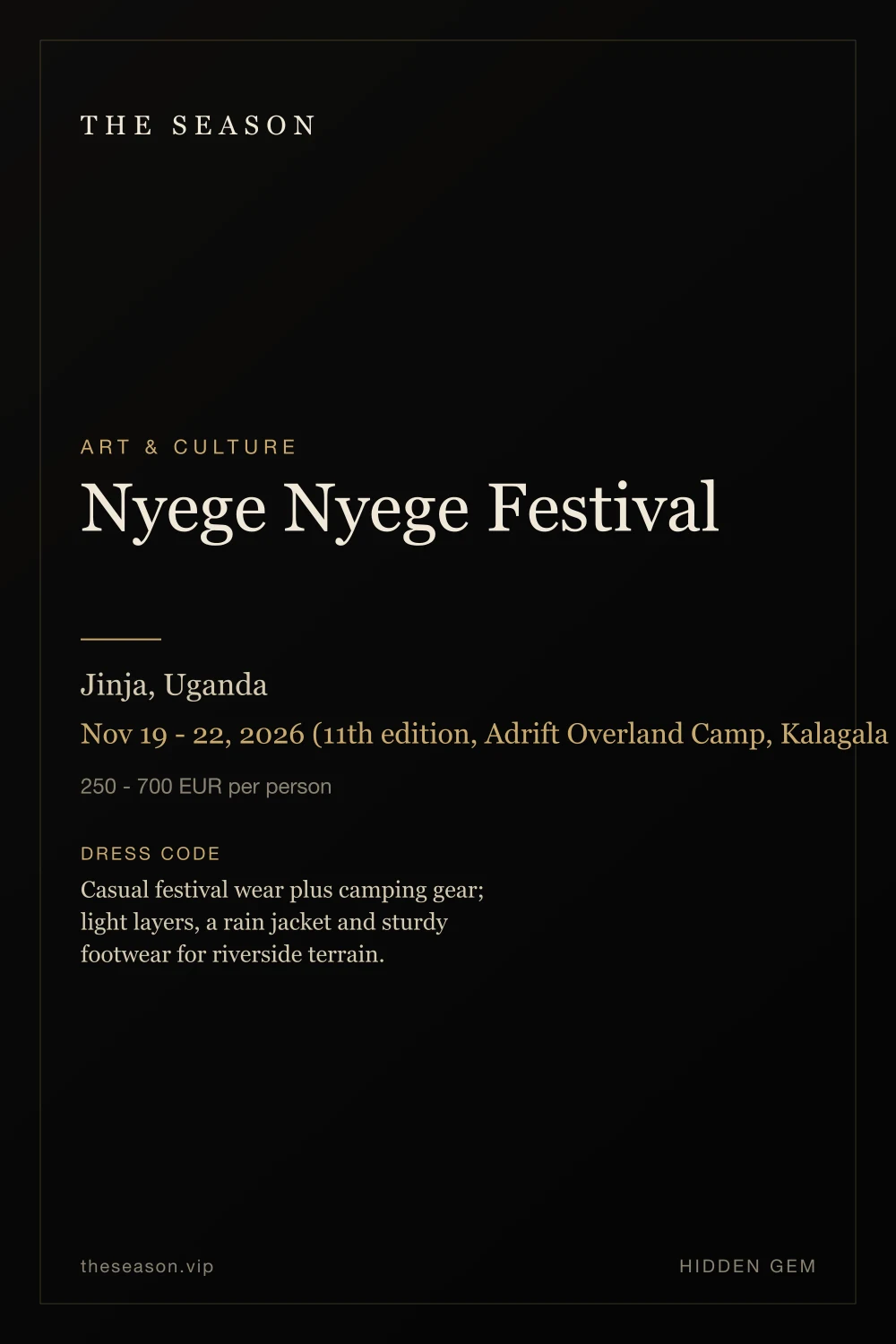 Nyege Nyege Festival, Jinja, Uganda, Nov 19 - 22, 2026 (11th edition, Adrift Overland Camp, Kalagala Falls)