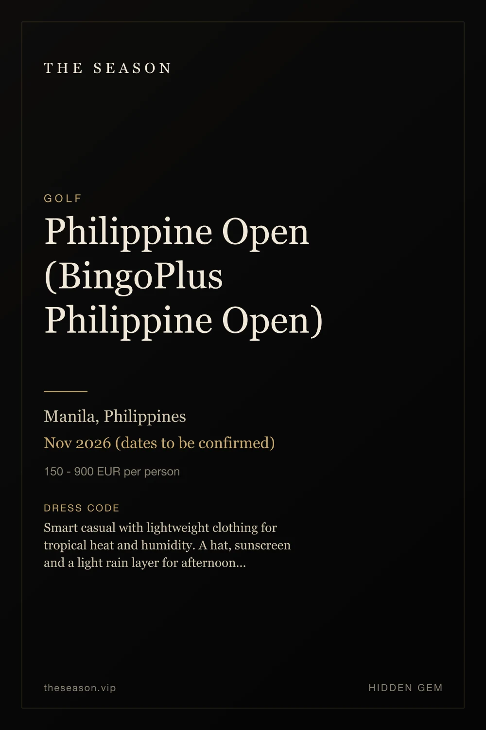 Philippine Open (BingoPlus Philippine Open), Manila, Philippines, Nov 2026 (dates to be confirmed)