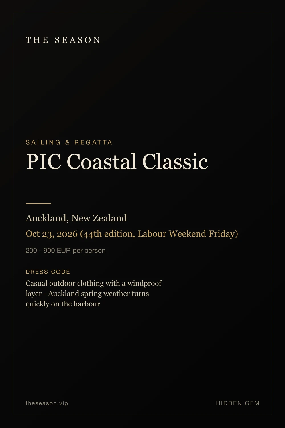 PIC Coastal Classic, Auckland, New Zealand, Oct 23, 2026 (44th edition, Labour Weekend Friday)