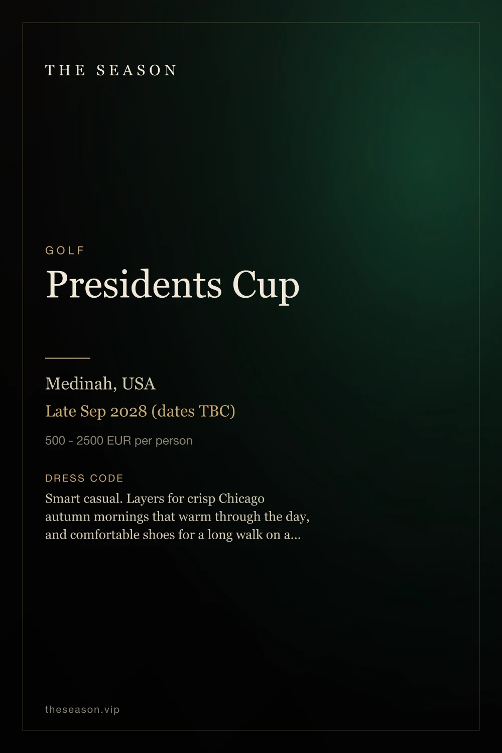 Presidents Cup, Medinah, USA, Late Sep 2028 (dates TBC)
