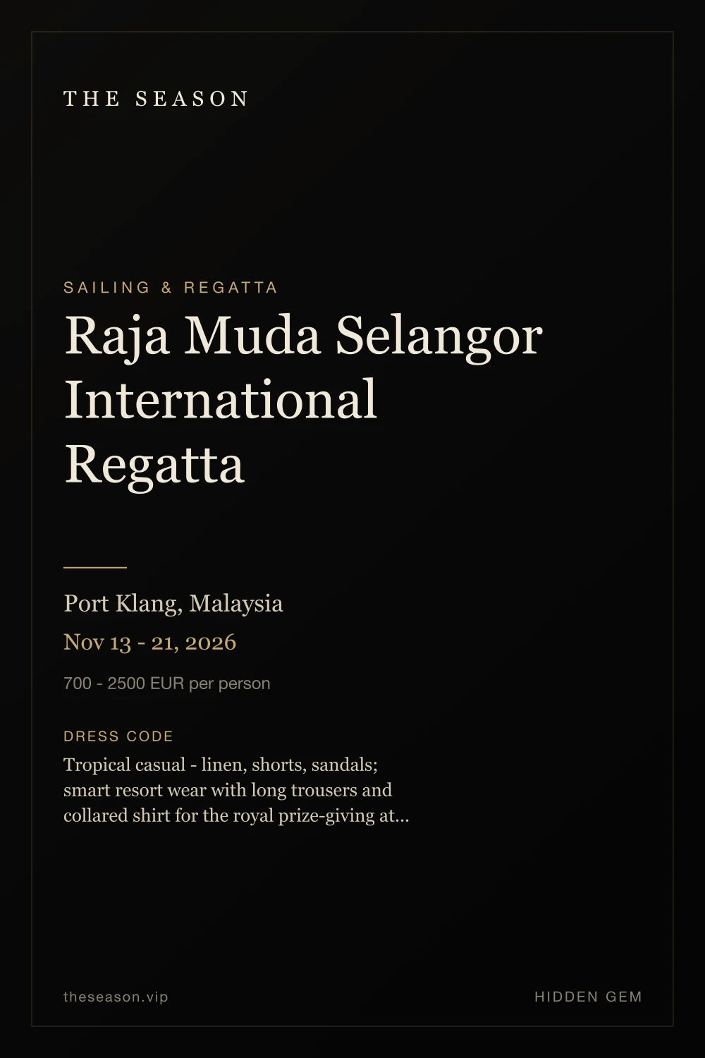 Raja Muda Selangor International Regatta, Port Klang, Malaysia, Nov 13 - 21, 2026