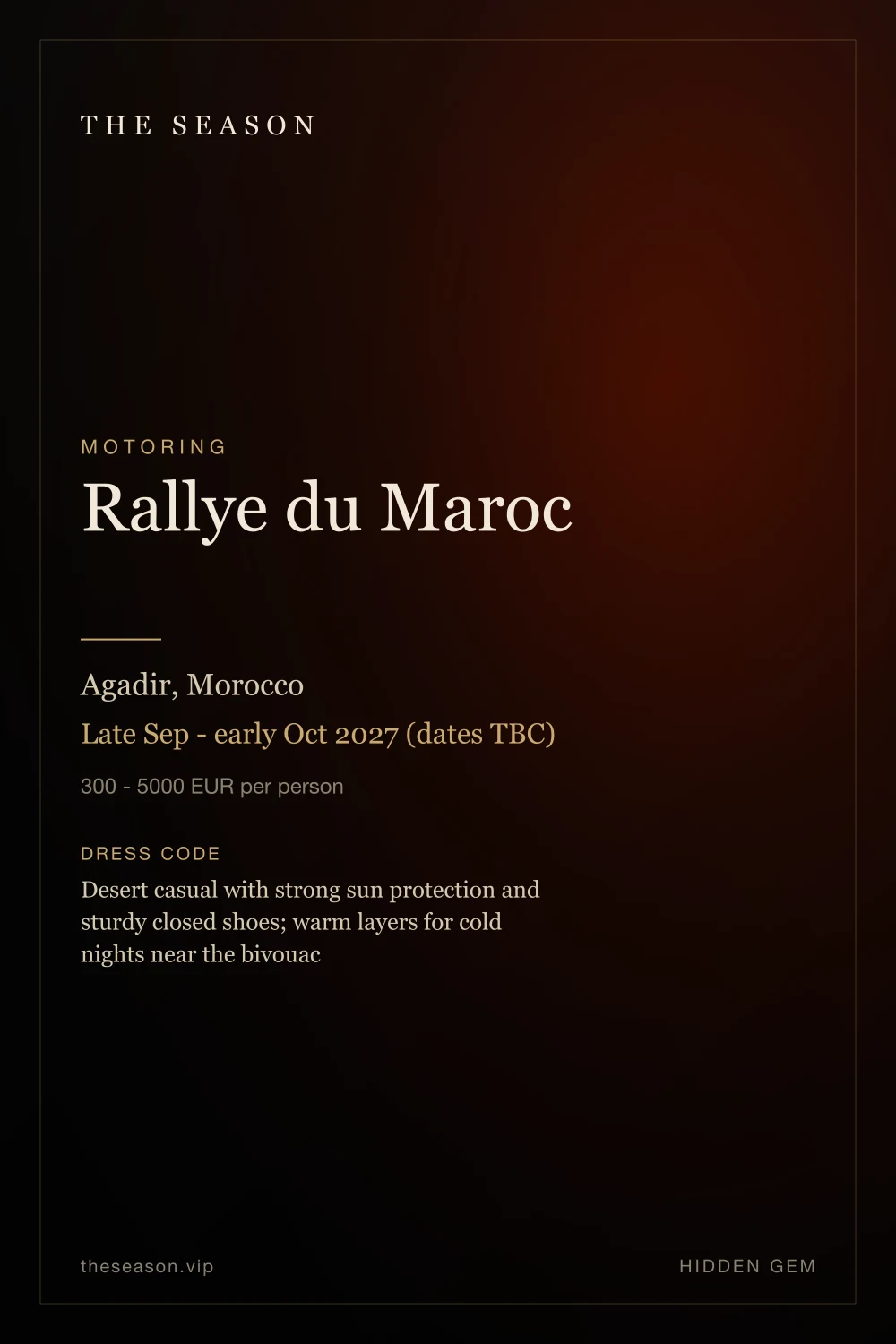 Rallye du Maroc, Agadir, Morocco, Late Sep - early Oct 2027 (dates TBC)
