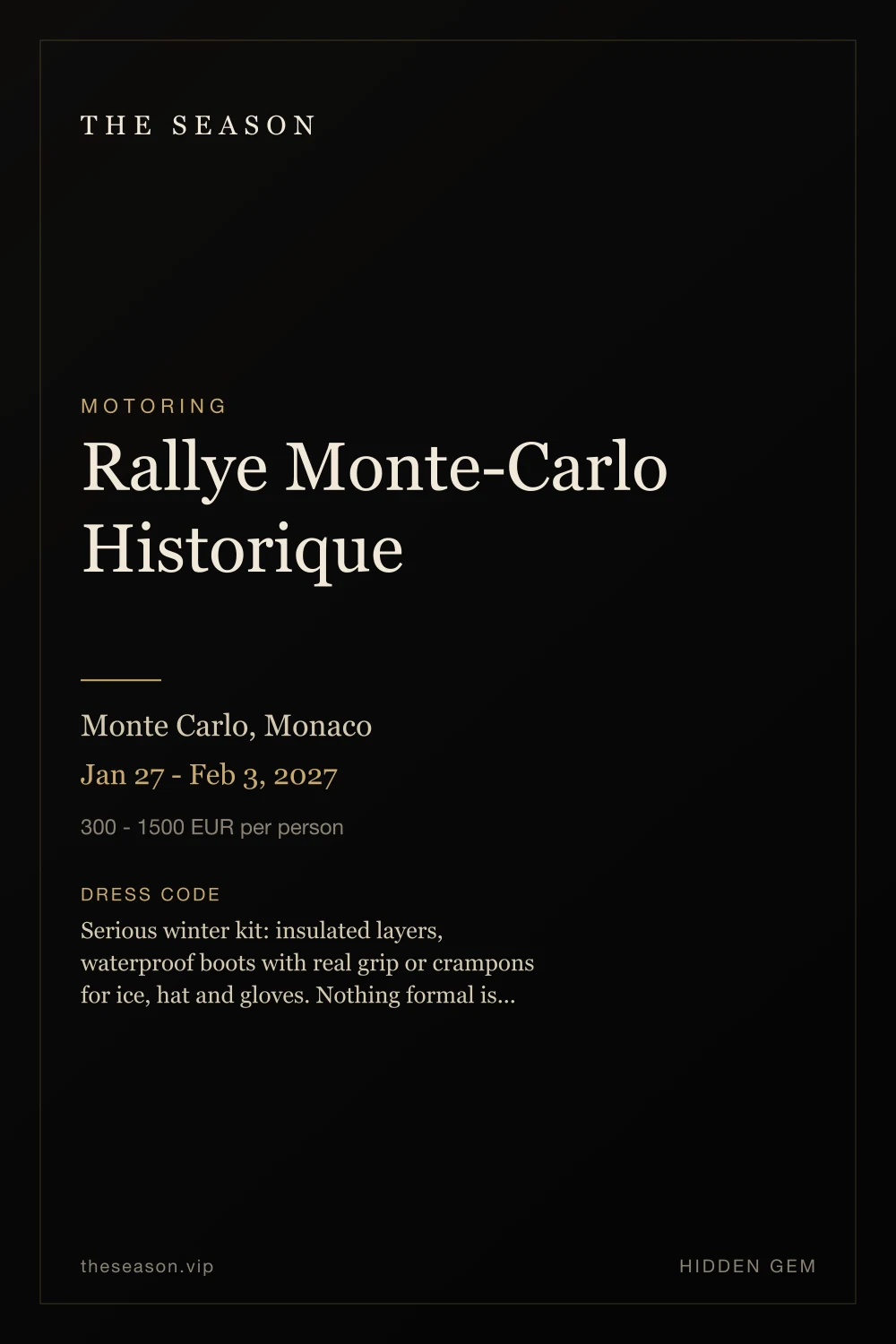 Rallye Monte-Carlo Historique, Monte Carlo, Monaco, Jan 27 - Feb 3, 2027