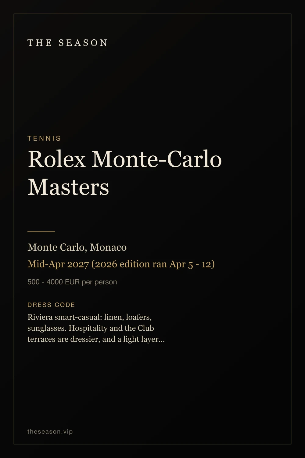 Rolex Monte-Carlo Masters, Monte Carlo, Monaco, Mid-Apr 2027 (2026 edition ran Apr 5 - 12)