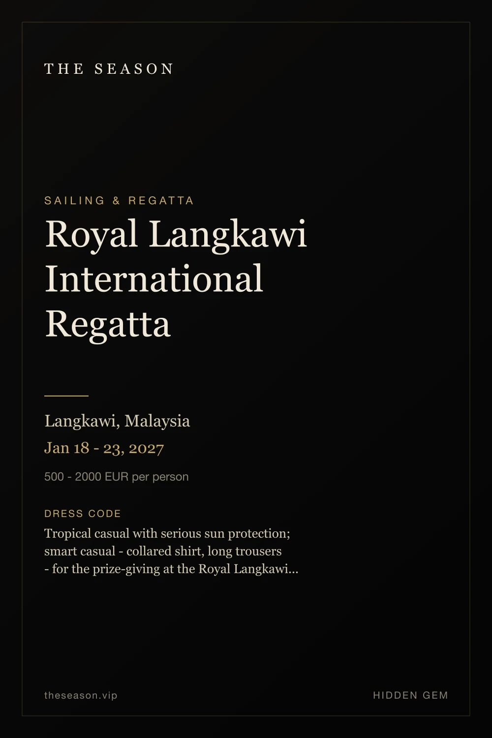 Royal Langkawi International Regatta, Langkawi, Malaysia, Jan 18 - 23, 2027
