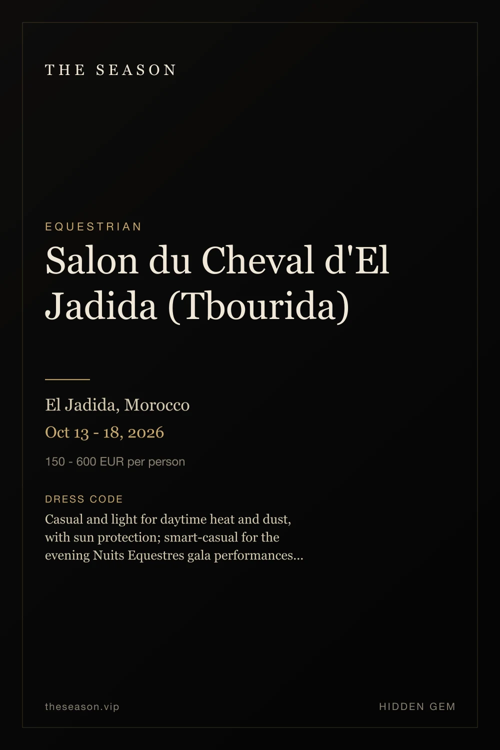 Salon du Cheval d'El Jadida (Tbourida), El Jadida, Morocco, Oct 13 - 18, 2026