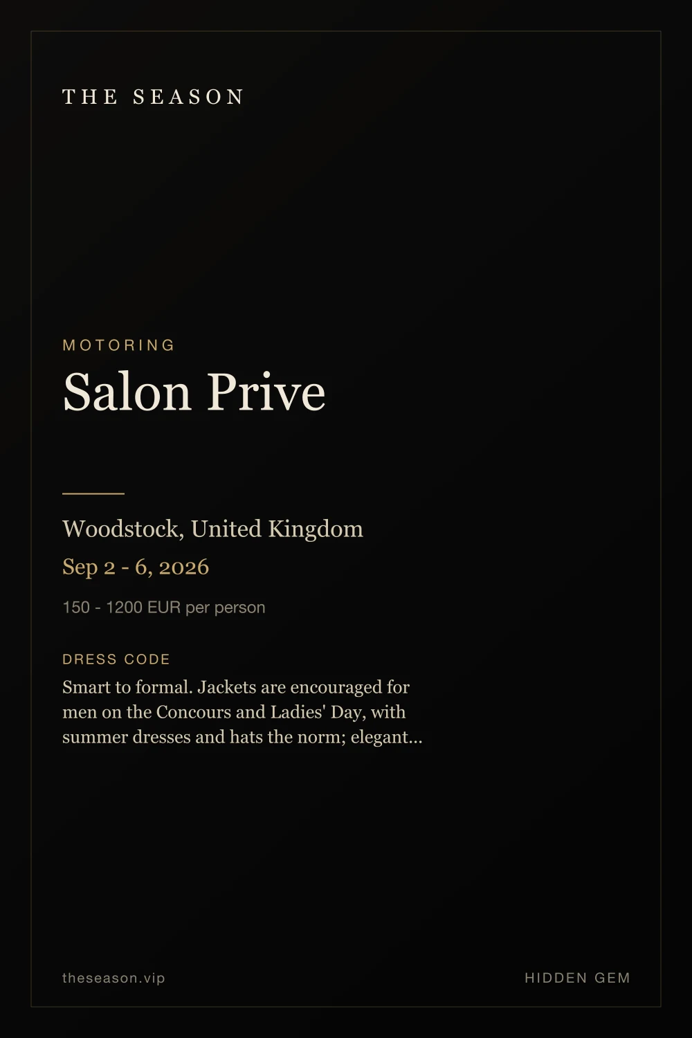 Salon Prive, Woodstock, United Kingdom, Sep 2 - 6, 2026