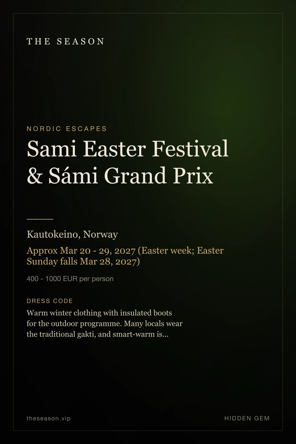 Sami Easter Festival & Sámi Grand Prix, Kautokeino, Norway, Approx Mar 20 - 29, 2027 (Easter week; Easter Sunday falls Mar 28, 2027)