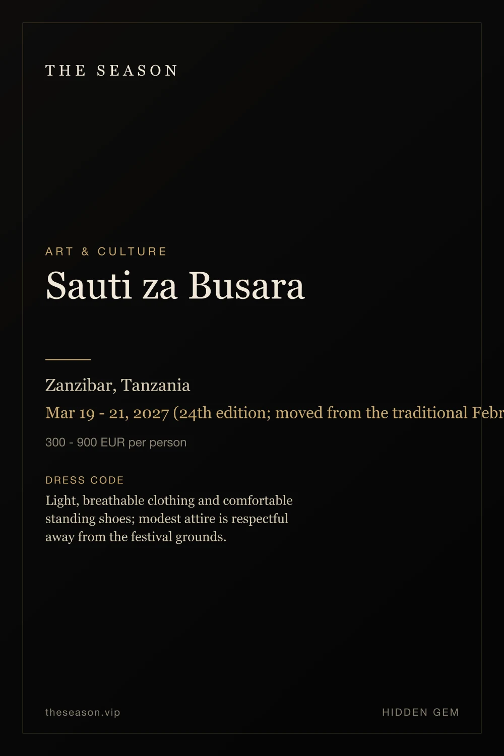 Sauti za Busara, Zanzibar, Tanzania, Mar 19 - 21, 2027 (24th edition; moved from the traditional February slot)