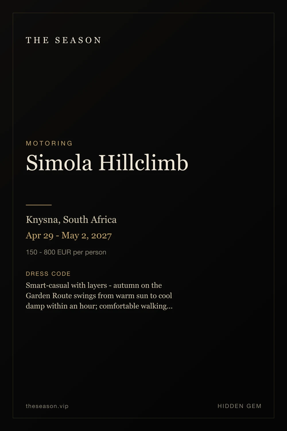 Simola Hillclimb, Knysna, South Africa, Apr 29 - May 2, 2027