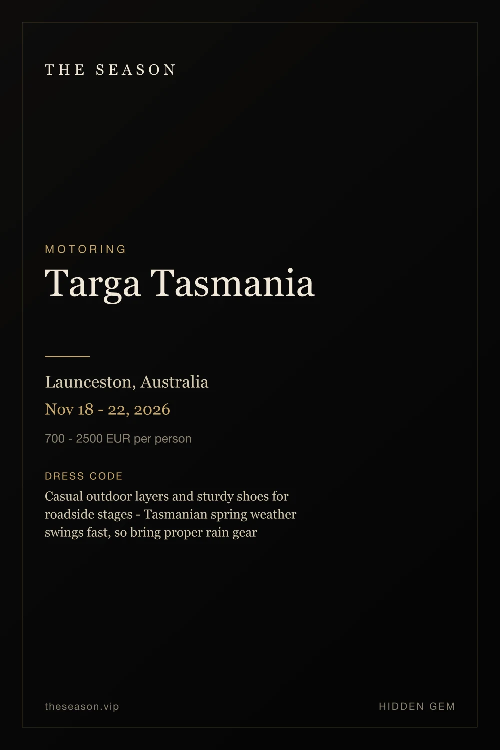Targa Tasmania, Launceston, Australia, Nov 18 - 22, 2026