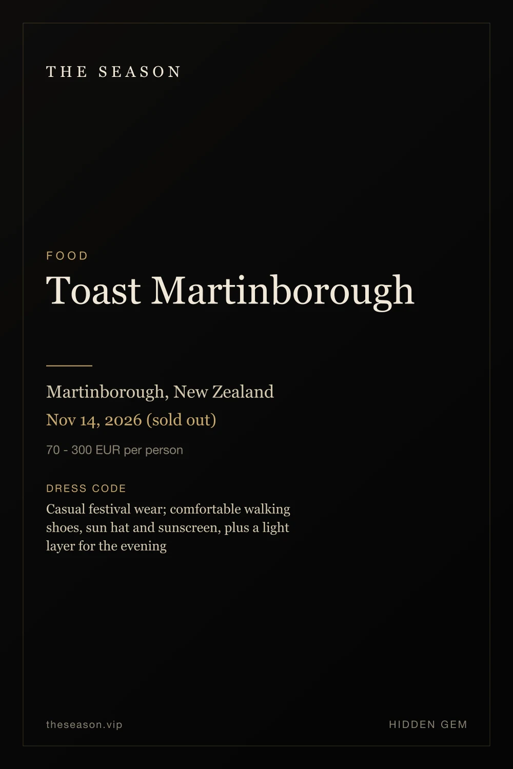 Toast Martinborough, Martinborough, New Zealand, Nov 14, 2026 (sold out)