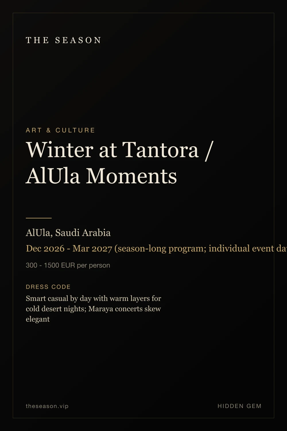 Winter at Tantora / AlUla Moments, AlUla, Saudi Arabia, Dec 2026 - Mar 2027 (season-long program; individual event dates via AlUla Moments)